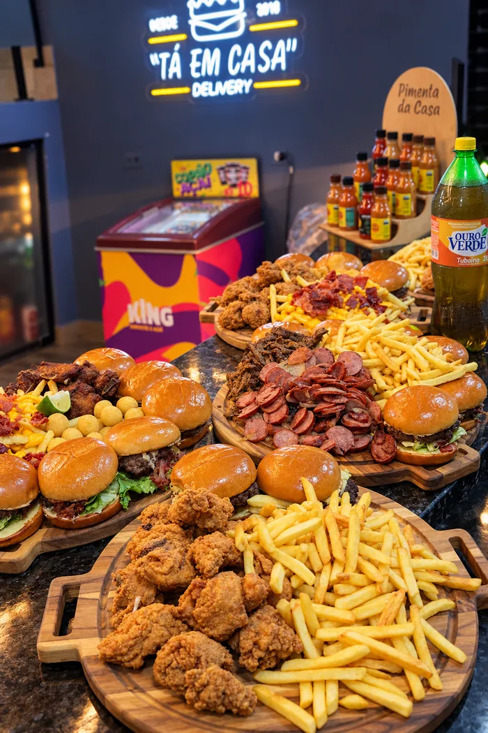 Mesa com lanches e porções sob o letreiro neon da Tá Em Casa