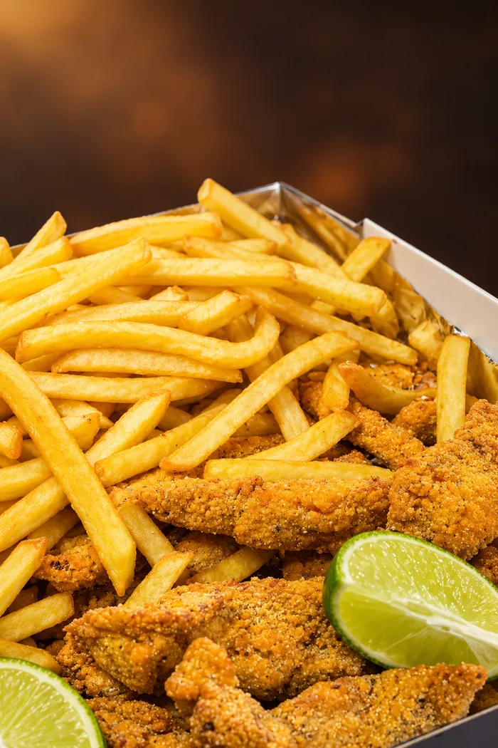 Porção empanada com batata frita e limão